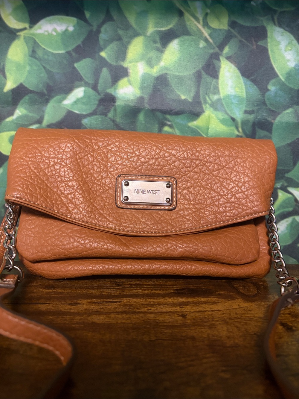 Nine West Cognac Pebbled Leather Crossbody with Chain Strap